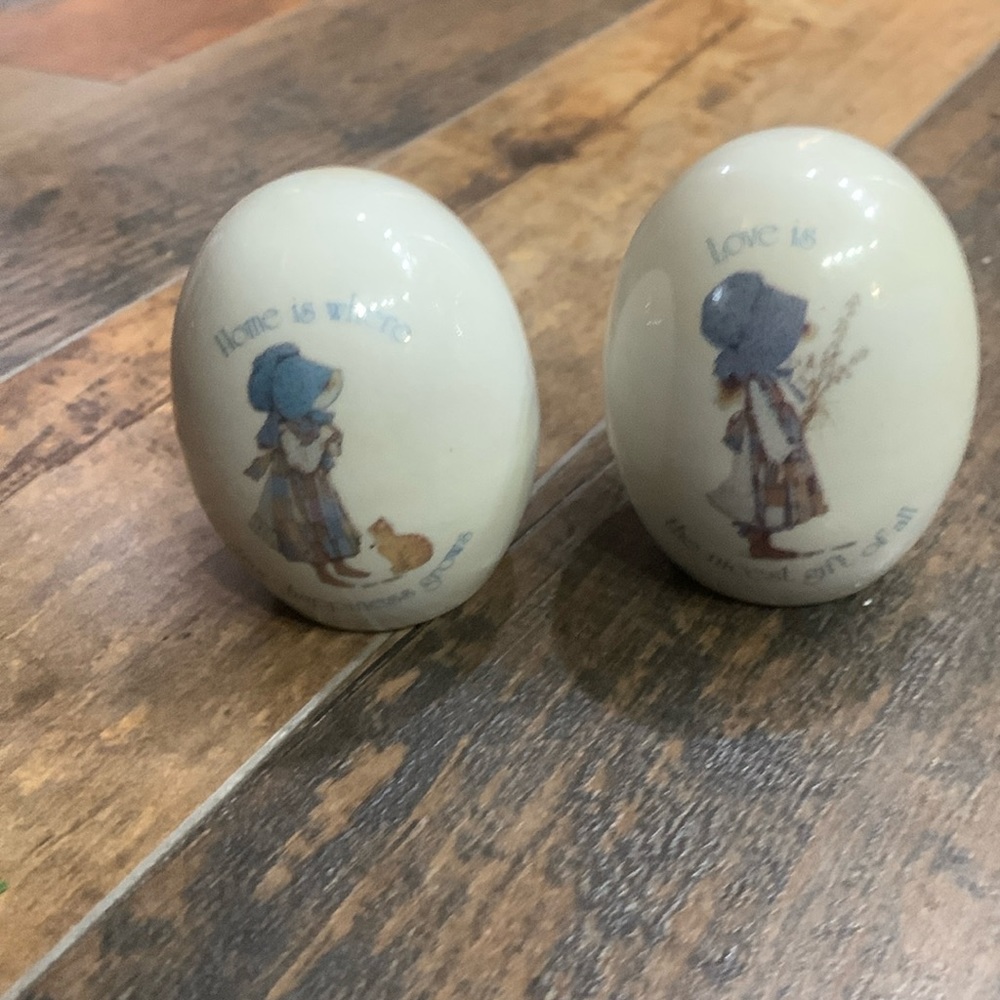 Set of two Holly, hobby, blue girl, stoneware eggs